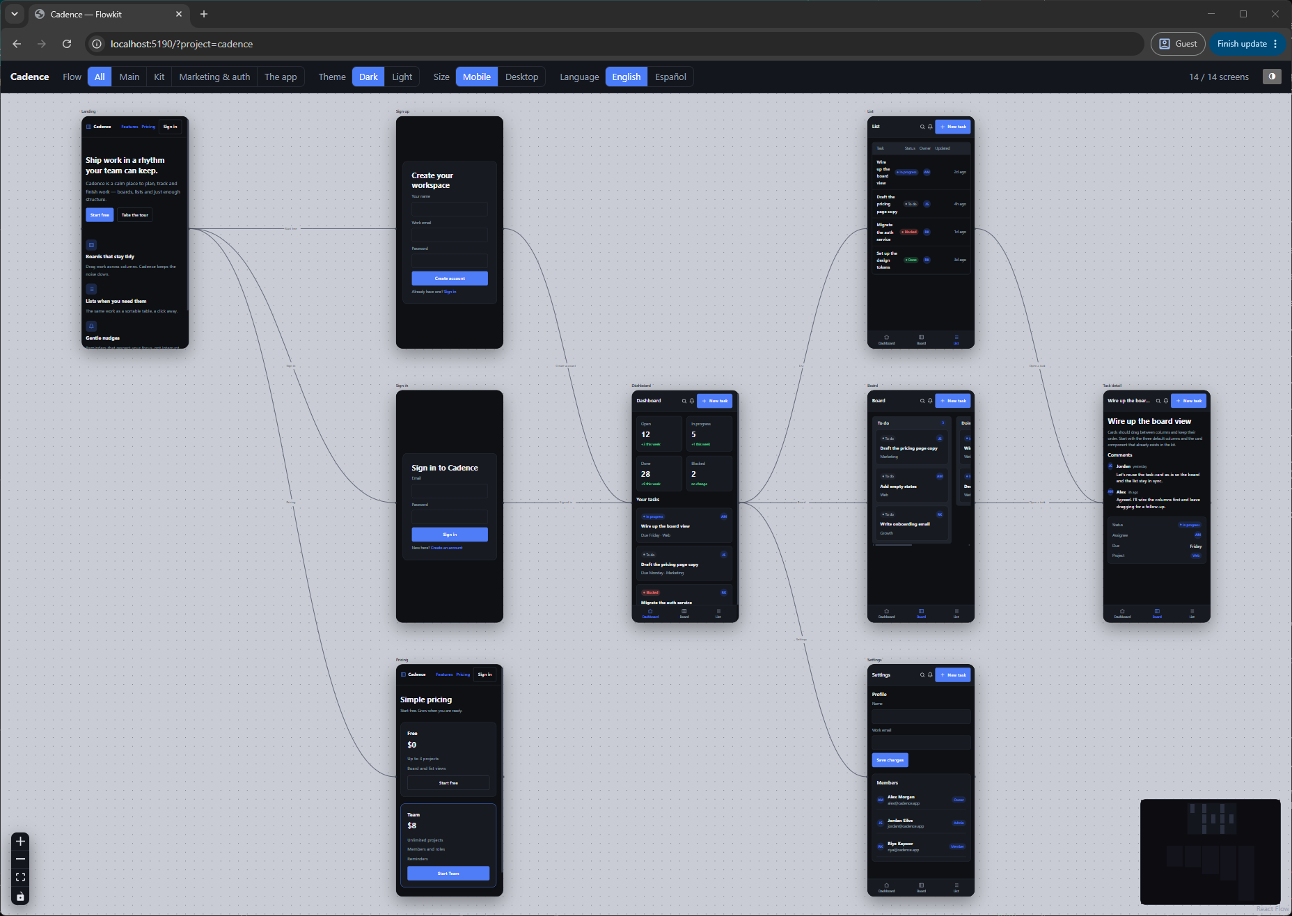 Flowkit running in Chrome: Cadence screens linked across the canvas, with theme, viewport, language and flow controls