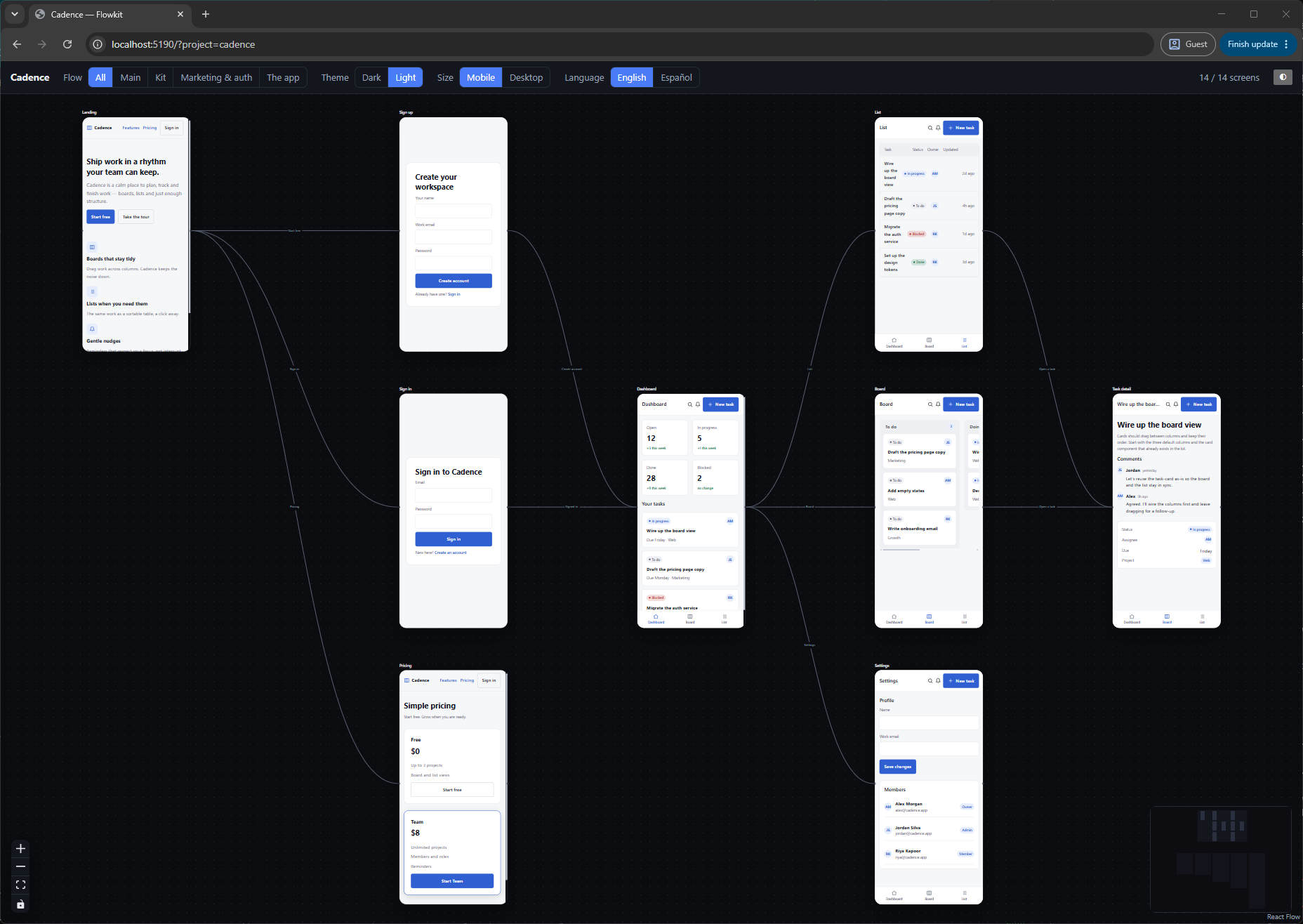 Flowkit light theme selected, showing the same connected Cadence screens with mobile, desktop and language controls